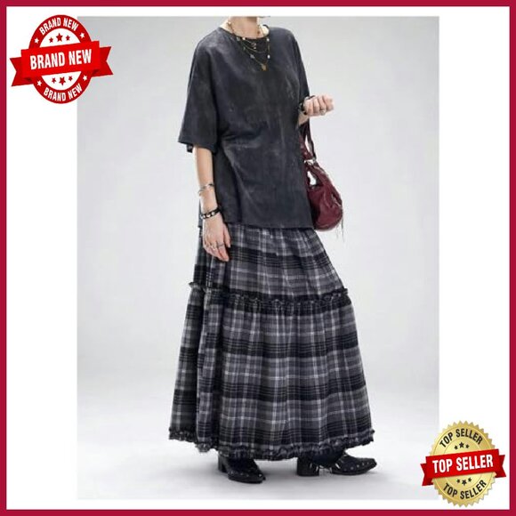 Vintage Grunge Gingham Plaid Tiered Maxi Skirt Ruffle A-Line - Picture 5 of 5